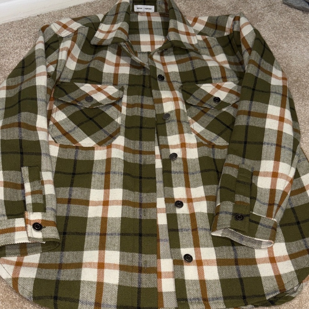Green and White Plaid Button-Up Shirt